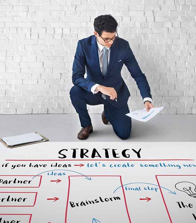 Businessman analyzing strategy flowchart on floor. - Free Restoration Marketing Guides