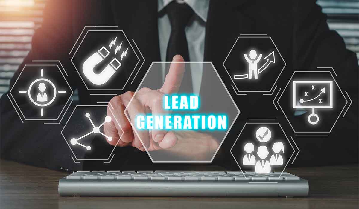 Lead generation icons surrounding businessperson's hand.