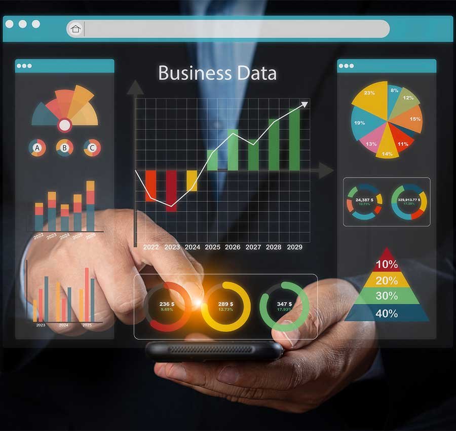 Interactive business data dashboard with charts and graphs.