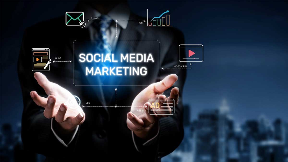 SMM for Restoration Companies Social media marketing concepts with icons around hands