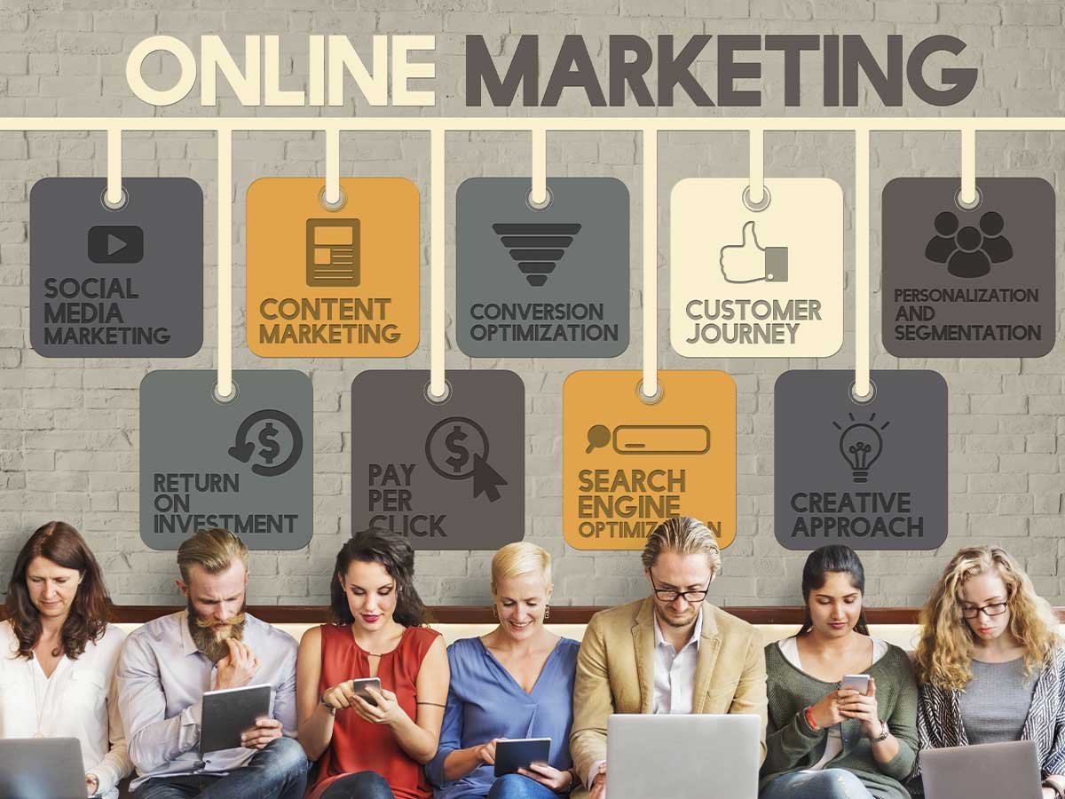 Online marketing strategies diagram with people using devices.
