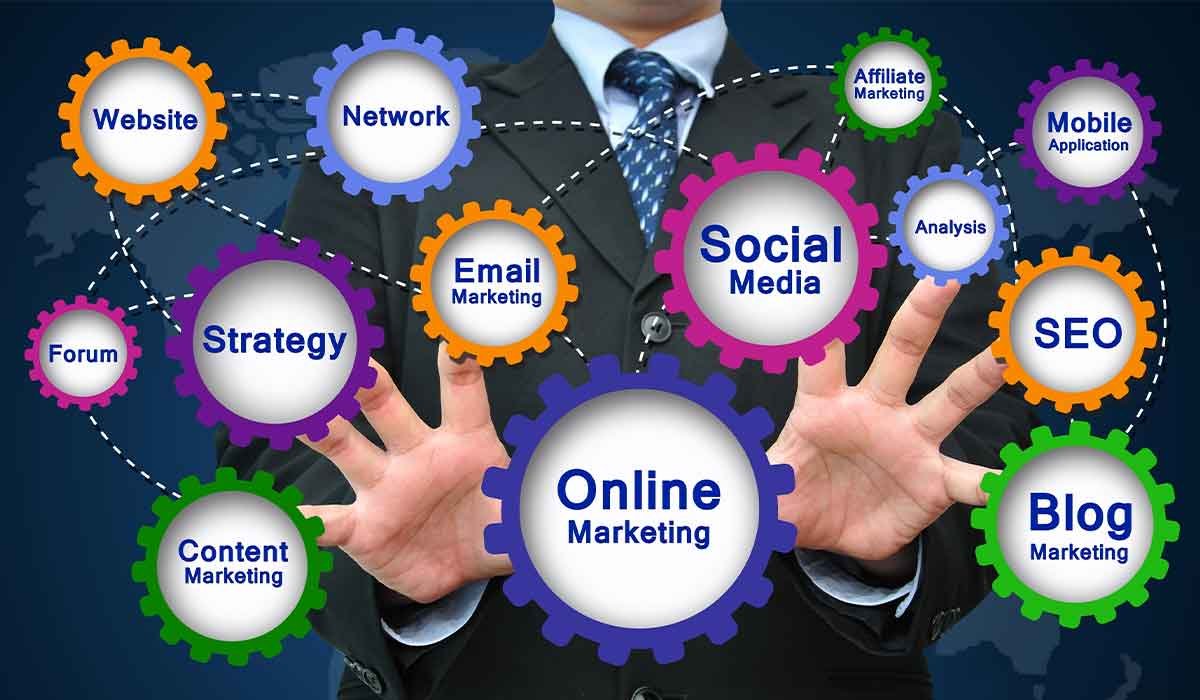 Online marketing strategy diagram with gear icons.